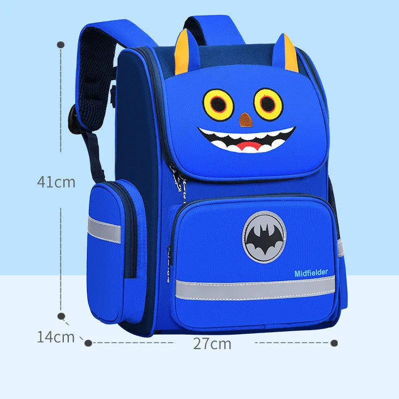Primary school student bag in royal blue with printing, showing wear-resistant polyester construction