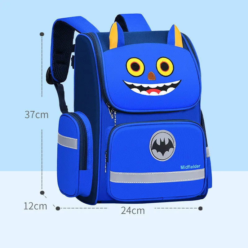 Primary school student bag in royal blue with printing, showing wear-resistant polyester construction