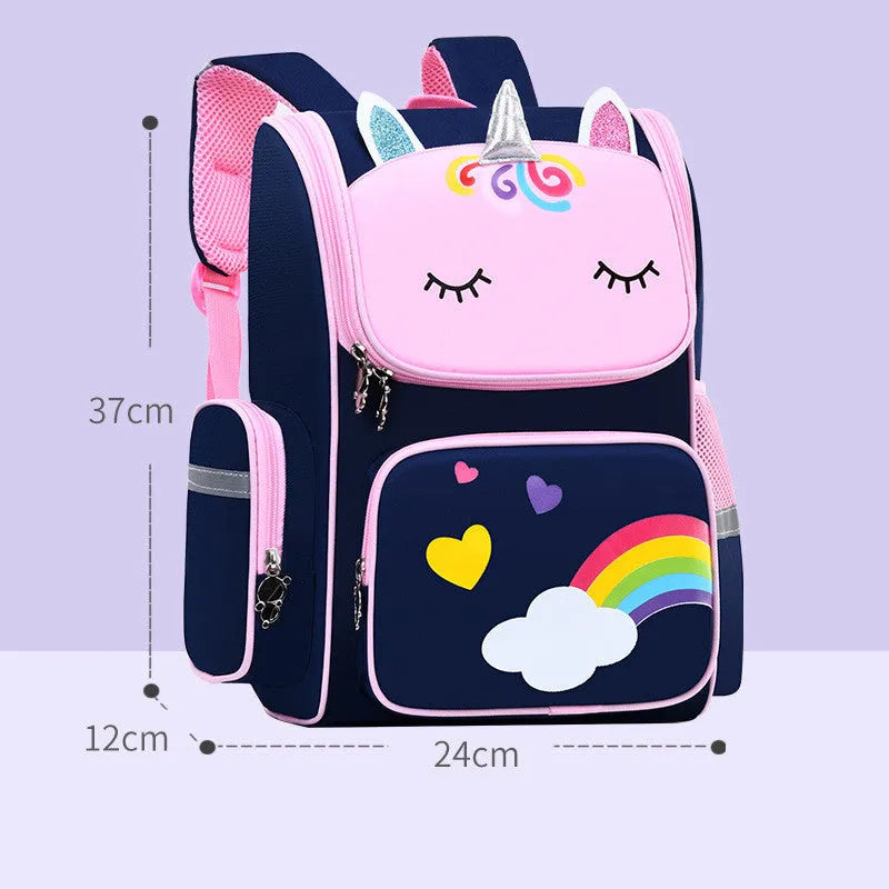Primary school student bag in royal blue with printing, showing wear-resistant polyester construction