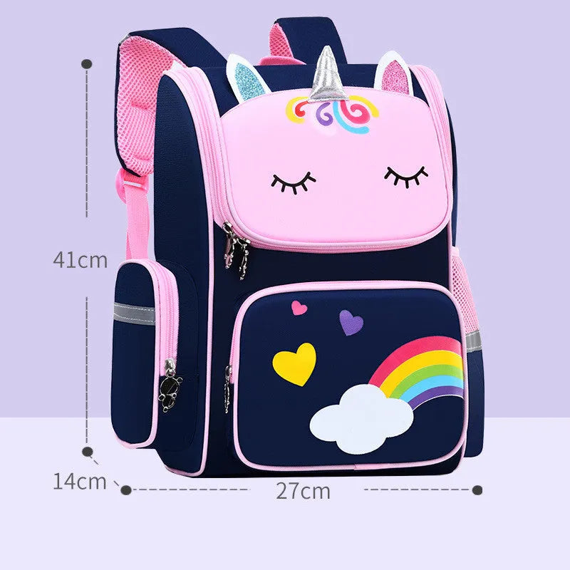 Primary school student bag in royal blue with printing, showing wear-resistant polyester construction
