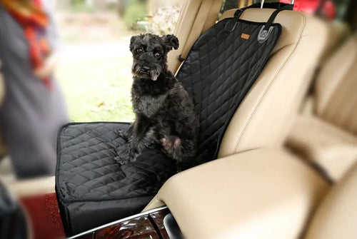 Car waterproof nylon pet pad in black on back seat with dog