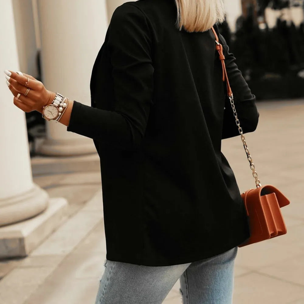 Women's solid acrylic business blazer in black slim-fit long-sleeve