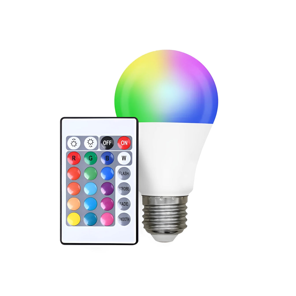 RGB colour changing LED bulb with remote control, 16 colours, fits E27 and B22 sockets