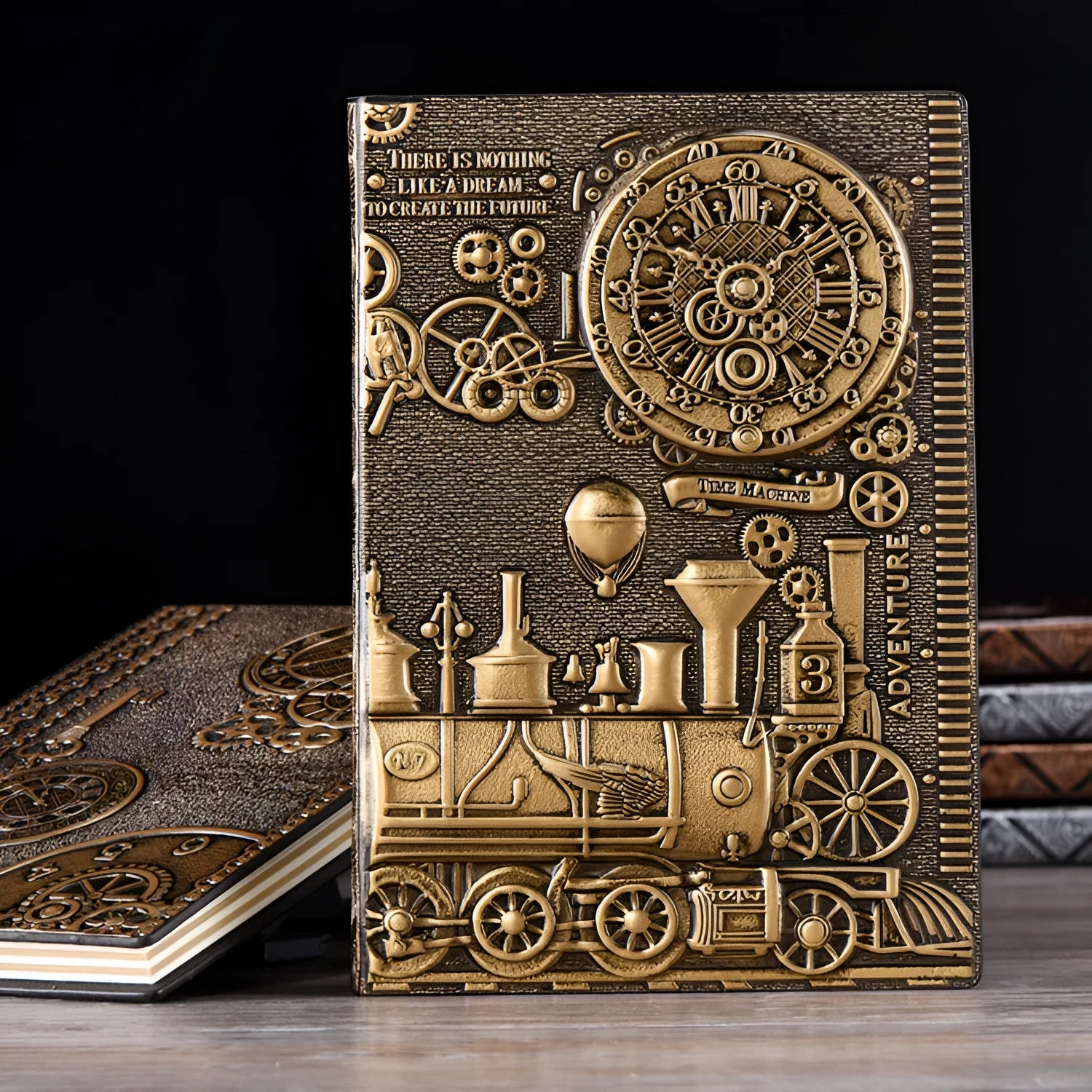 European retro notepad with embossed leather cover in bronze, open on a page of handwritten notes.