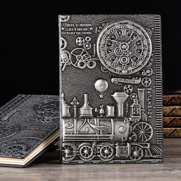 European retro notepad with embossed leather cover in bronze, open on a page of handwritten notes.