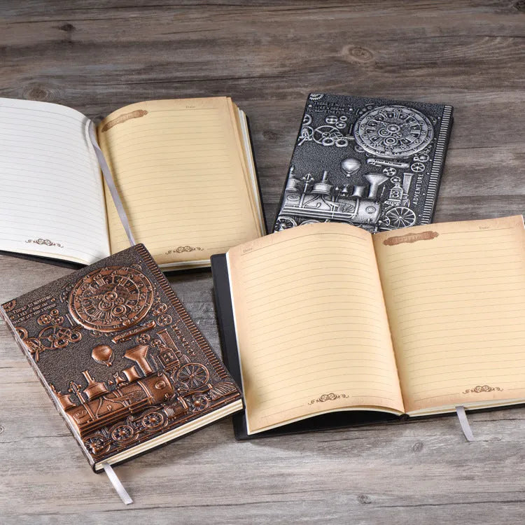 European retro notepad with embossed leather cover in bronze, open on a page of handwritten notes.