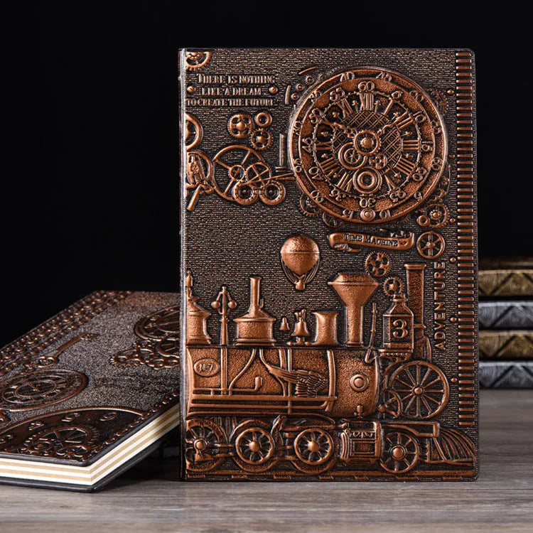 European retro notepad with embossed leather cover in bronze, open on a page of handwritten notes.