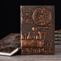 European retro notepad with embossed leather cover in bronze, open on a page of handwritten notes.