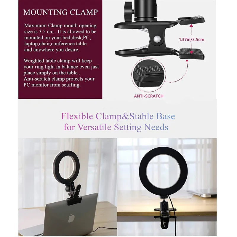 Portable 8W photography lamp with clip 6 inch USB charging three colour adjustable