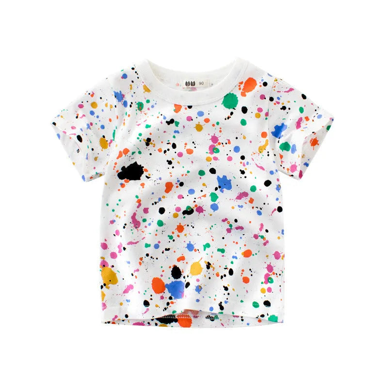 White children's short-sleeved cotton T-shirt with printed pattern, suitable for summer, sizes 90-140cm