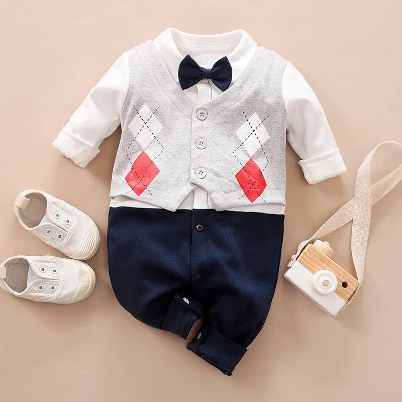 Baby boy jumpsuit in cotton with multiple style options and size range 59cm to 90cm