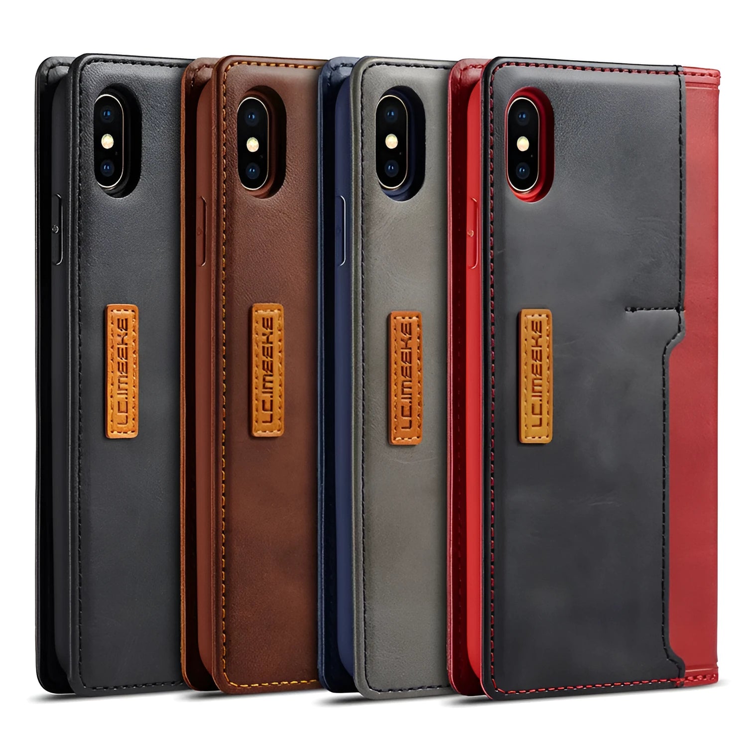 Black leather flip wallet phone case for iPhone showing three card slots inside and magnetic closure.