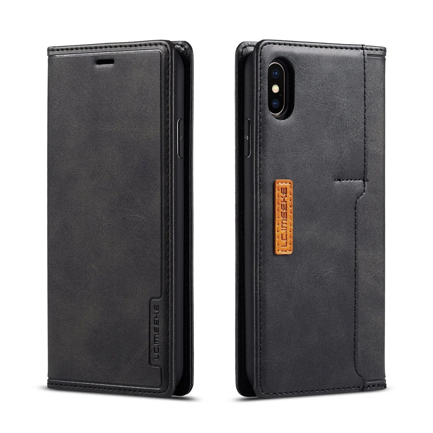 Black leather and PU flip wallet phone case for iPhone showing card slots and closed cover.