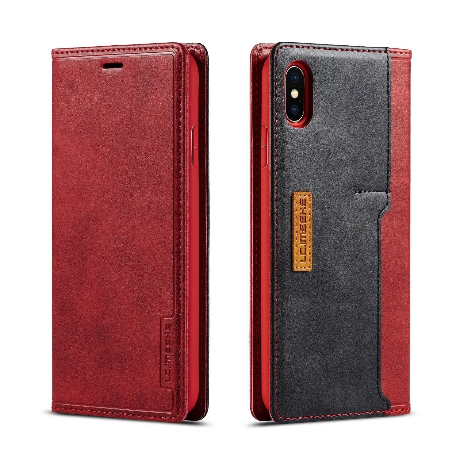 Black leather and PU flip wallet phone case for iPhone showing card slots and closed cover.