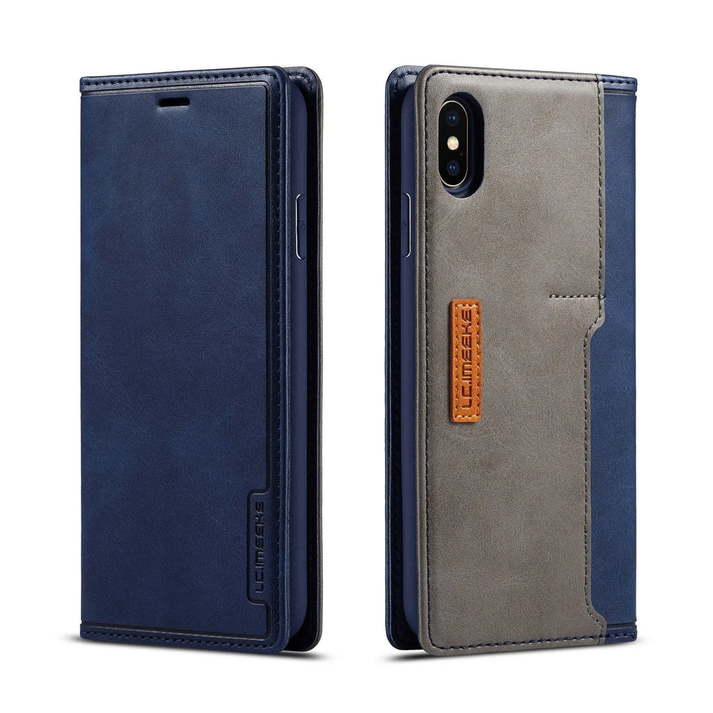 Black leather flip wallet phone case for iPhone showing three card slots inside and magnetic closure.