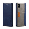 Black leather flip wallet phone case for iPhone showing three card slots inside and magnetic closure.