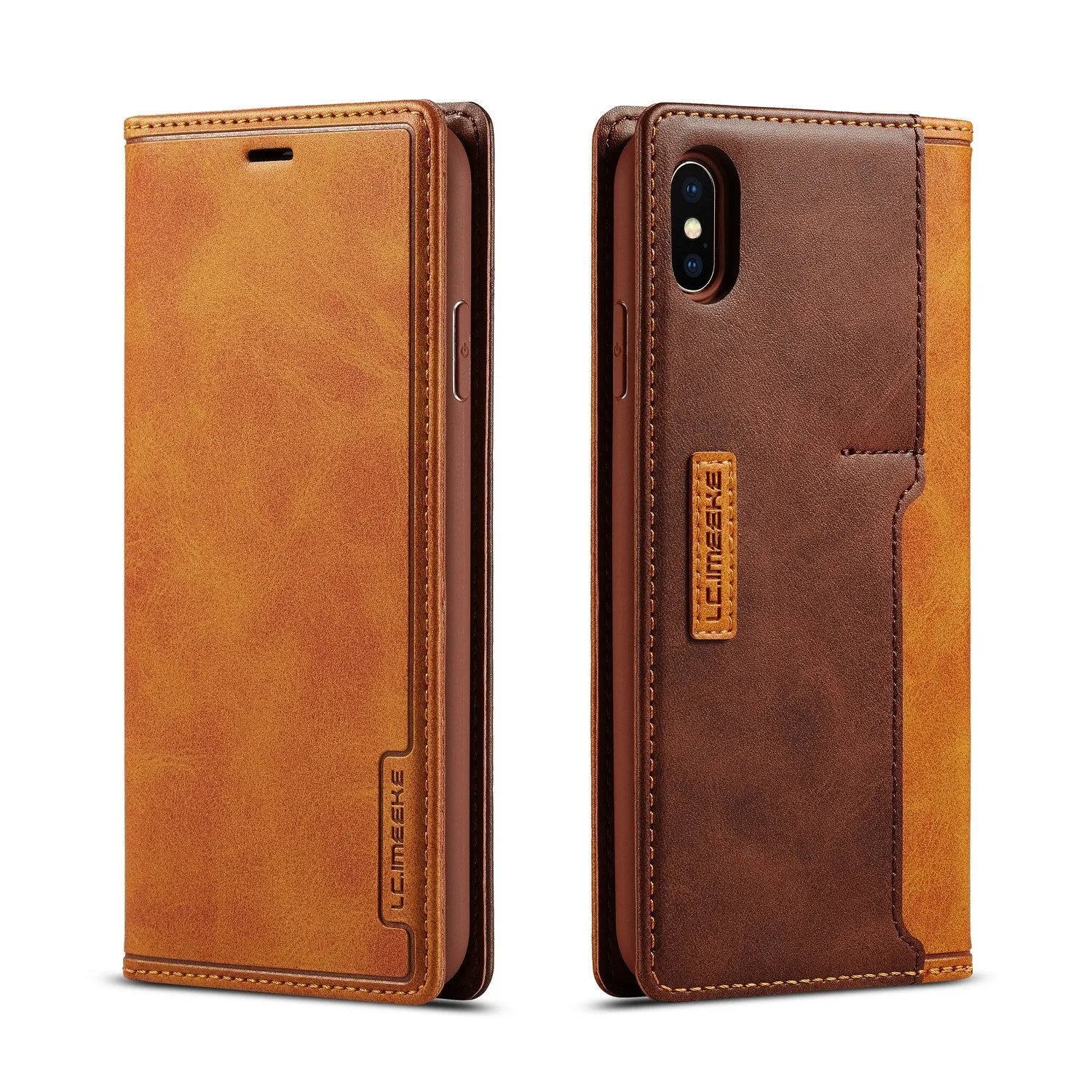 Black leather and PU flip wallet phone case for iPhone showing card slots and closed cover.