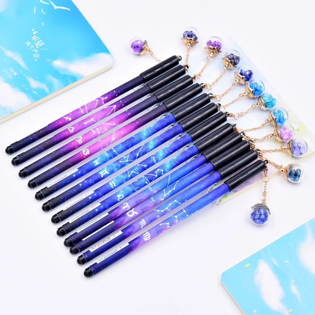 Twelve Constellations black gel pen with 0.5mm tip and 16cm plastic body, zodiac pendant, random colour