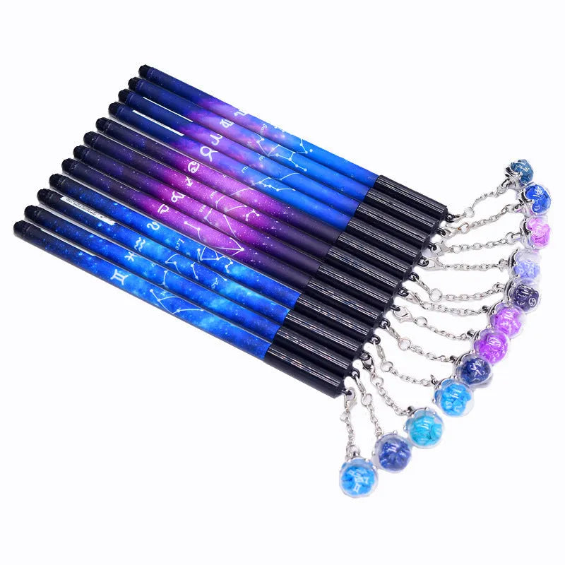 Twelve Constellations black gel pen with 0.5mm tip and 16cm plastic body, zodiac pendant, random colour