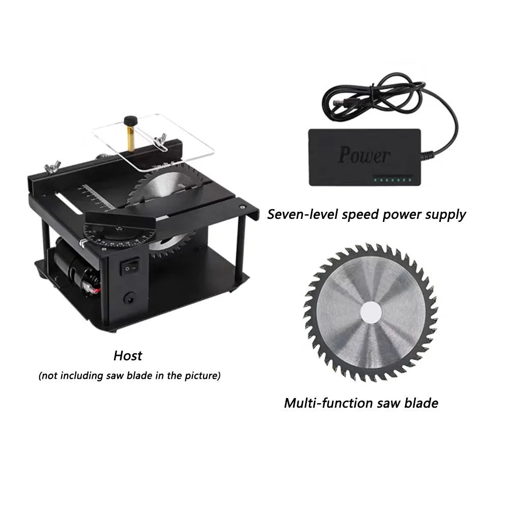 Black miniature precision table saw with sliding table and 110mm blade for portable woodworking