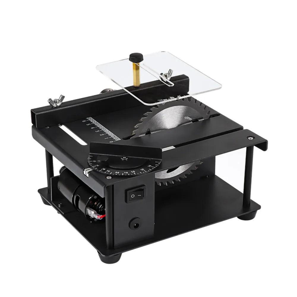 Black miniature precision table saw with sliding table and 110mm blade for portable woodworking