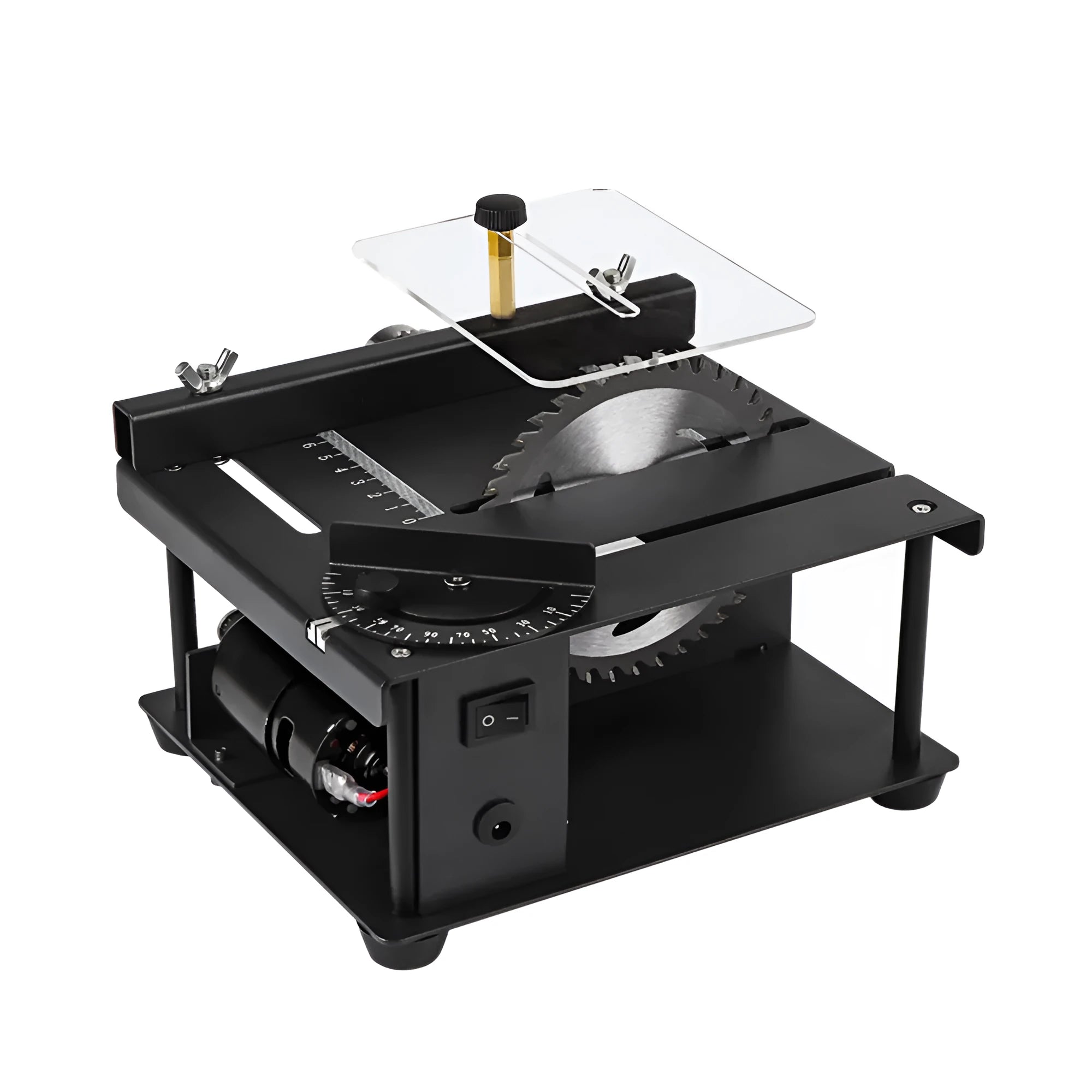 Black miniature precision table saw with sliding table and 110mm blade for portable woodworking