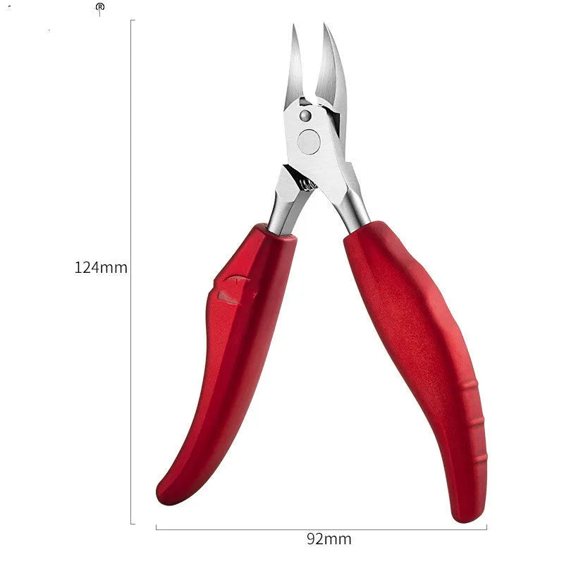 Stainless steel nail clippers and dead skin scissors with red, blue, and black ABS plastic handles