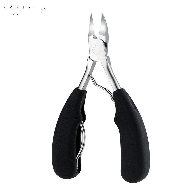 Stainless steel nail clippers and dead skin scissors with red, blue, and black ABS plastic handles