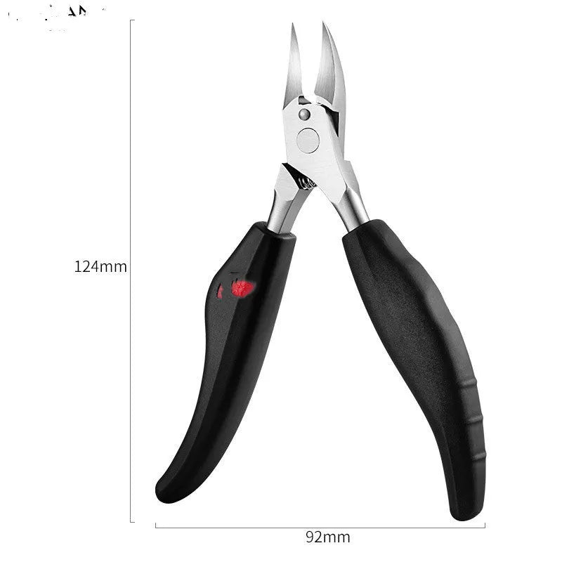 Stainless steel nail clippers and dead skin scissors with red, blue, and black ABS plastic handles