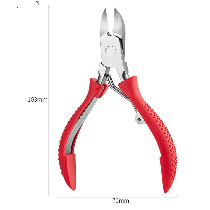 Stainless steel nail clippers with a red ABS plastic handle on a white background.