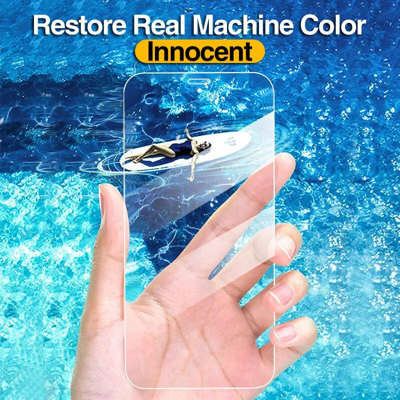 Four-pack of clear tempered glass screen protectors for iPhone with anti-blue light feature shown next to a smartphone.