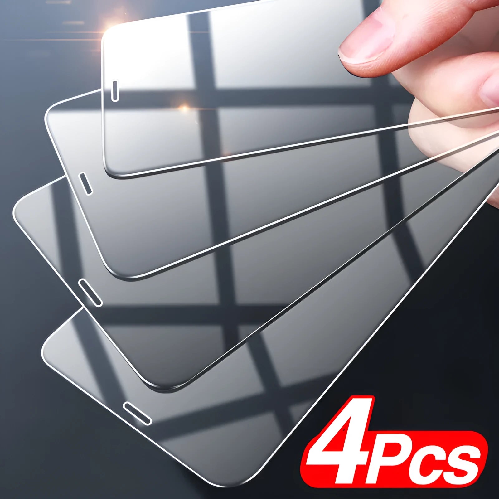 Four-pack of clear tempered glass screen protectors for iPhone with anti-blue light feature shown next to a smartphone.