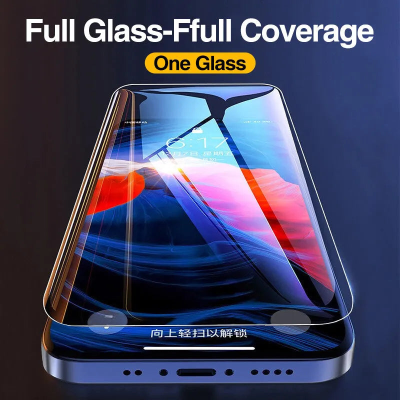 Four-pack of clear tempered glass screen protectors for iPhone with anti-blue light feature shown next to a smartphone.