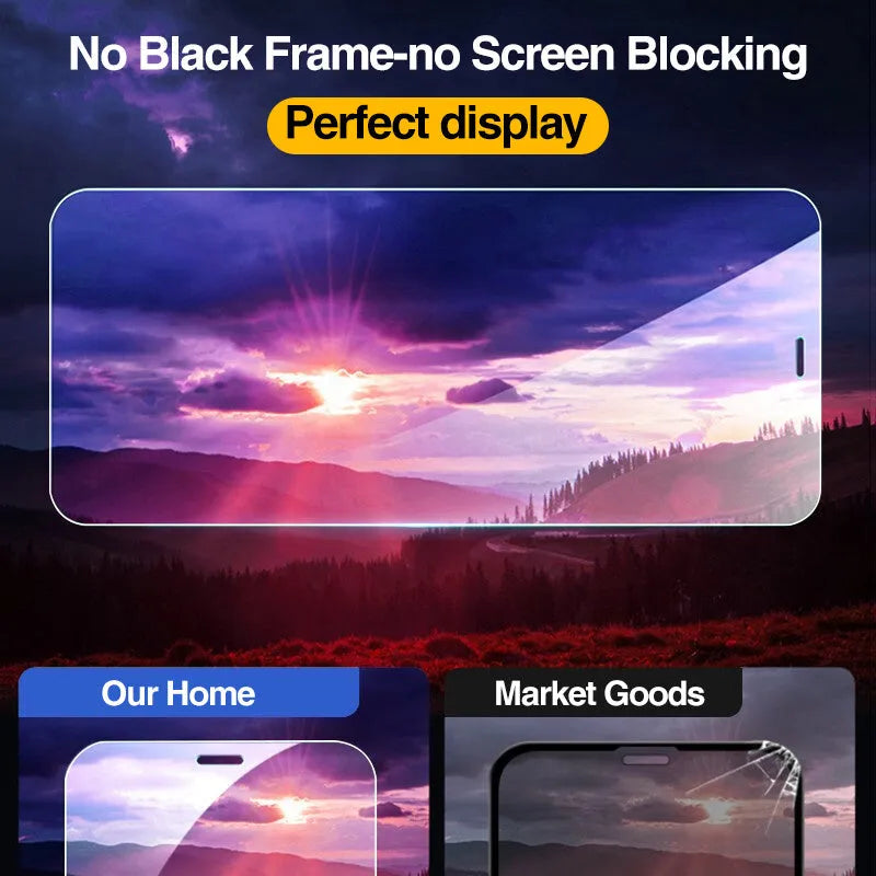 Four-pack of clear tempered glass screen protectors for iPhone with anti-blue light feature shown next to a smartphone.