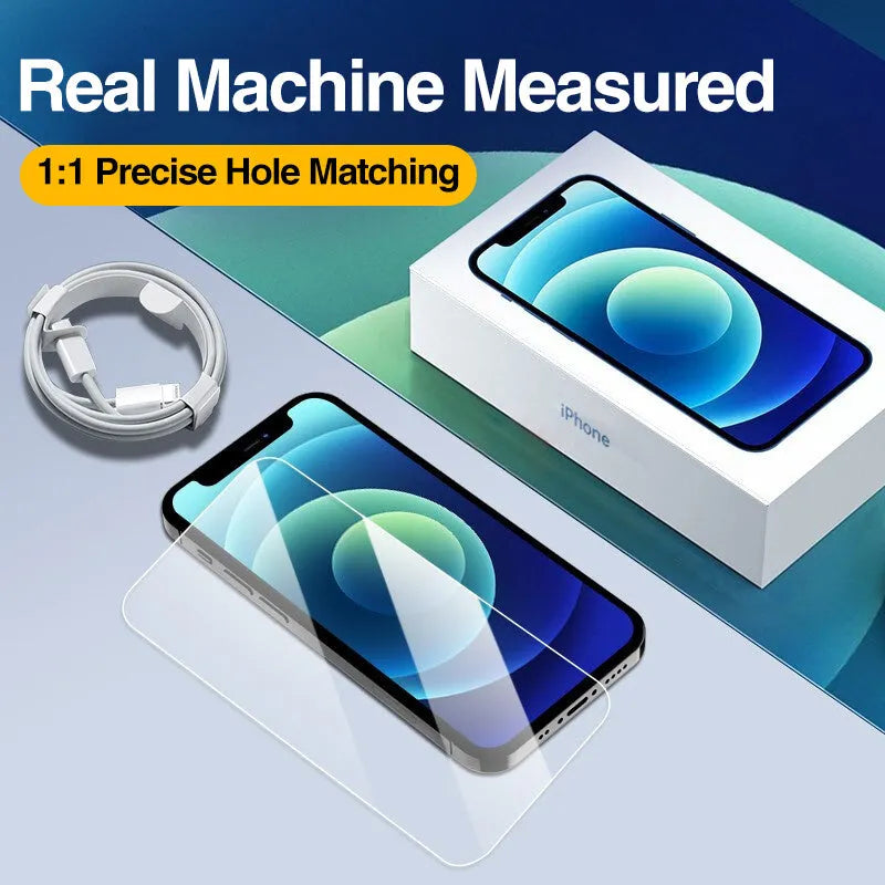 Four-pack of clear tempered glass screen protectors for iPhone with anti-blue light feature shown next to a smartphone.