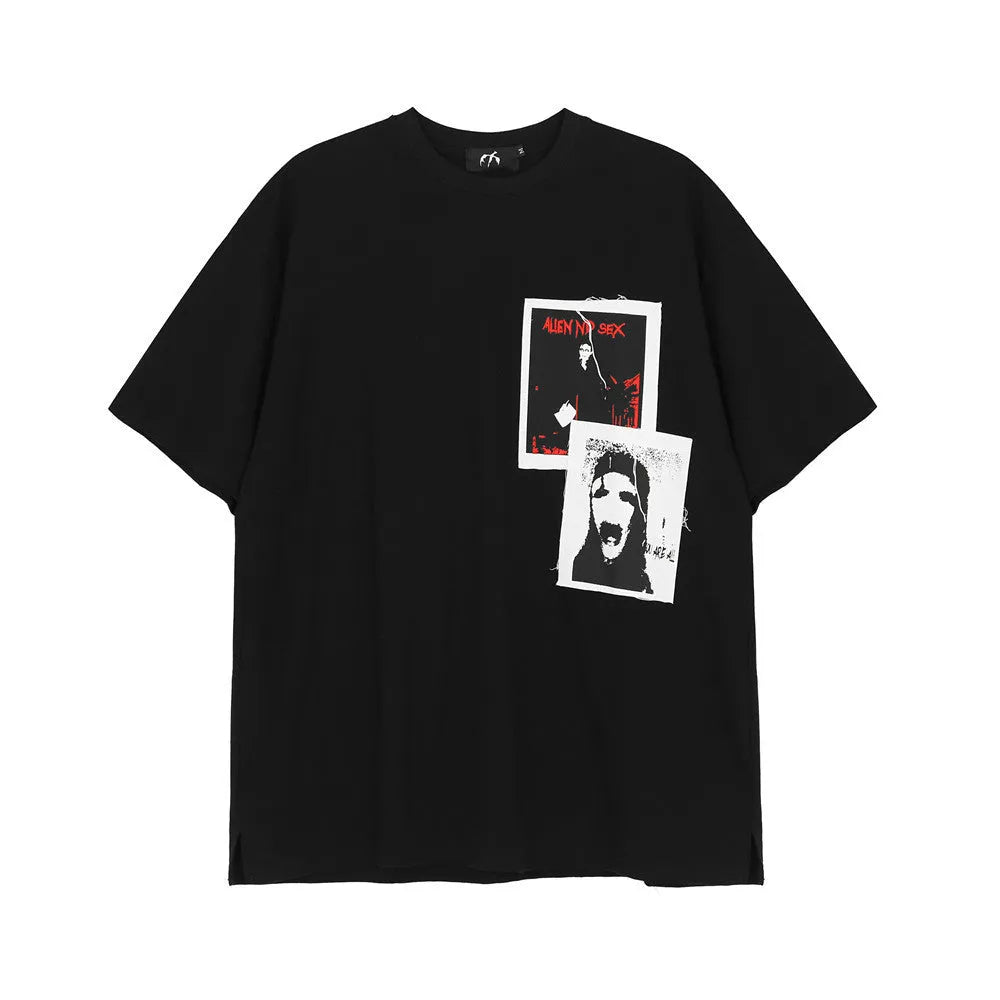 Loose-fit round neck short sleeve t-shirt with demon spoof pattern in black