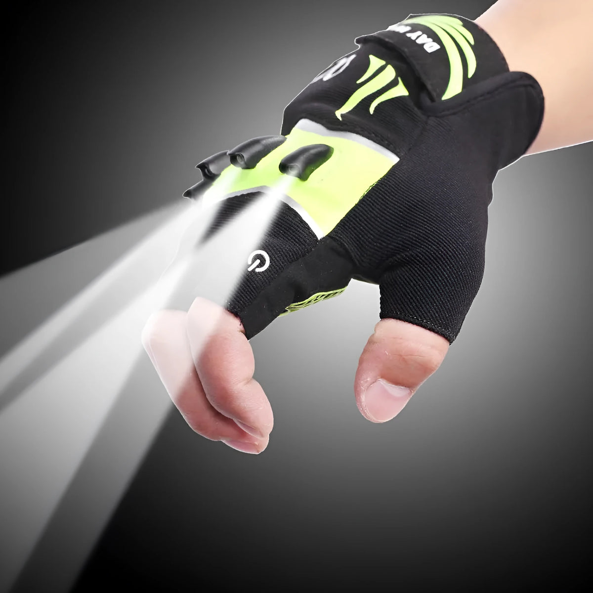Fingerless leather cycling gloves in black green with non-slip function, half finger design, sizes S-XXL.