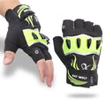 Fingerless leather cycling gloves in black green with non-slip function, half finger design, sizes S-XXL.