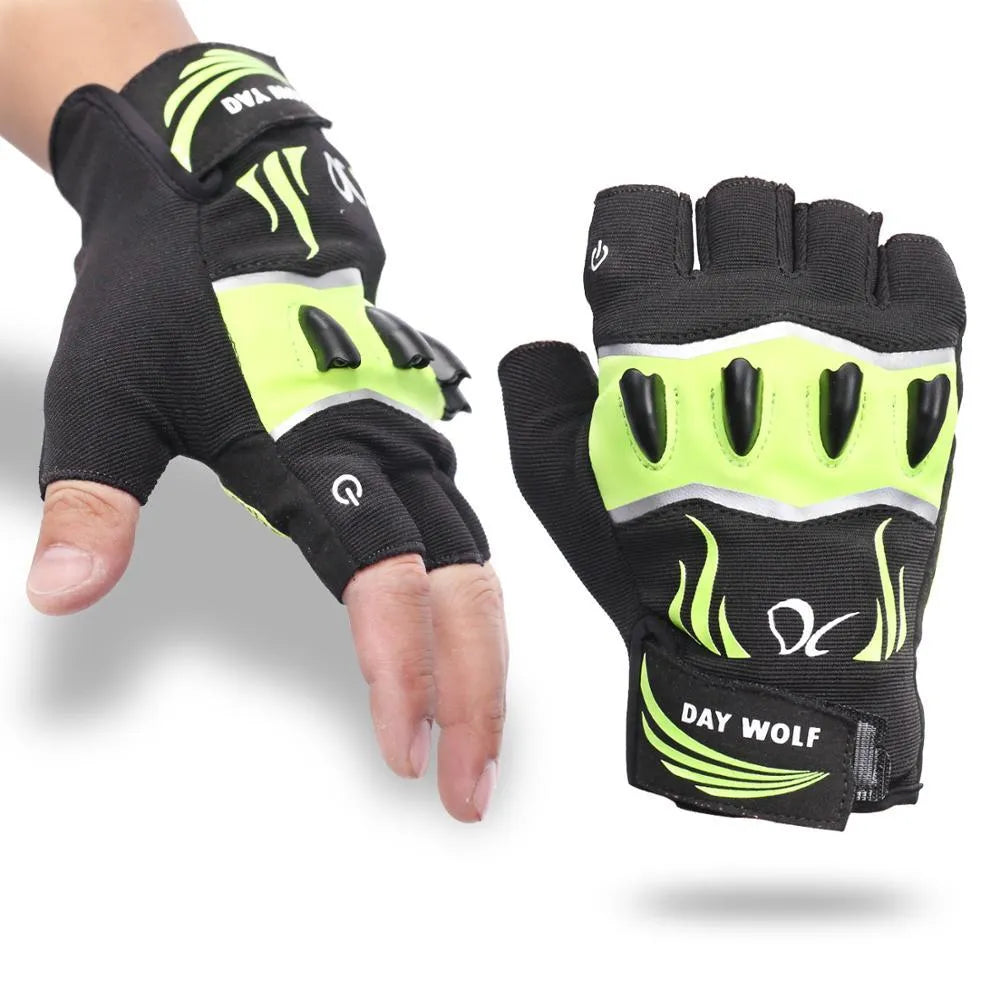 Fingerless leather cycling gloves in black green with non-slip function, half finger design, sizes S-XXL.