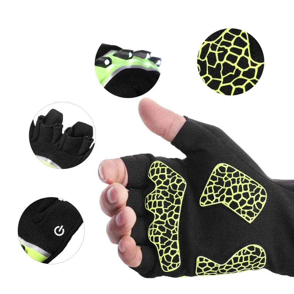 Fingerless leather cycling gloves in black green with non-slip function, half finger design, sizes S-XXL.