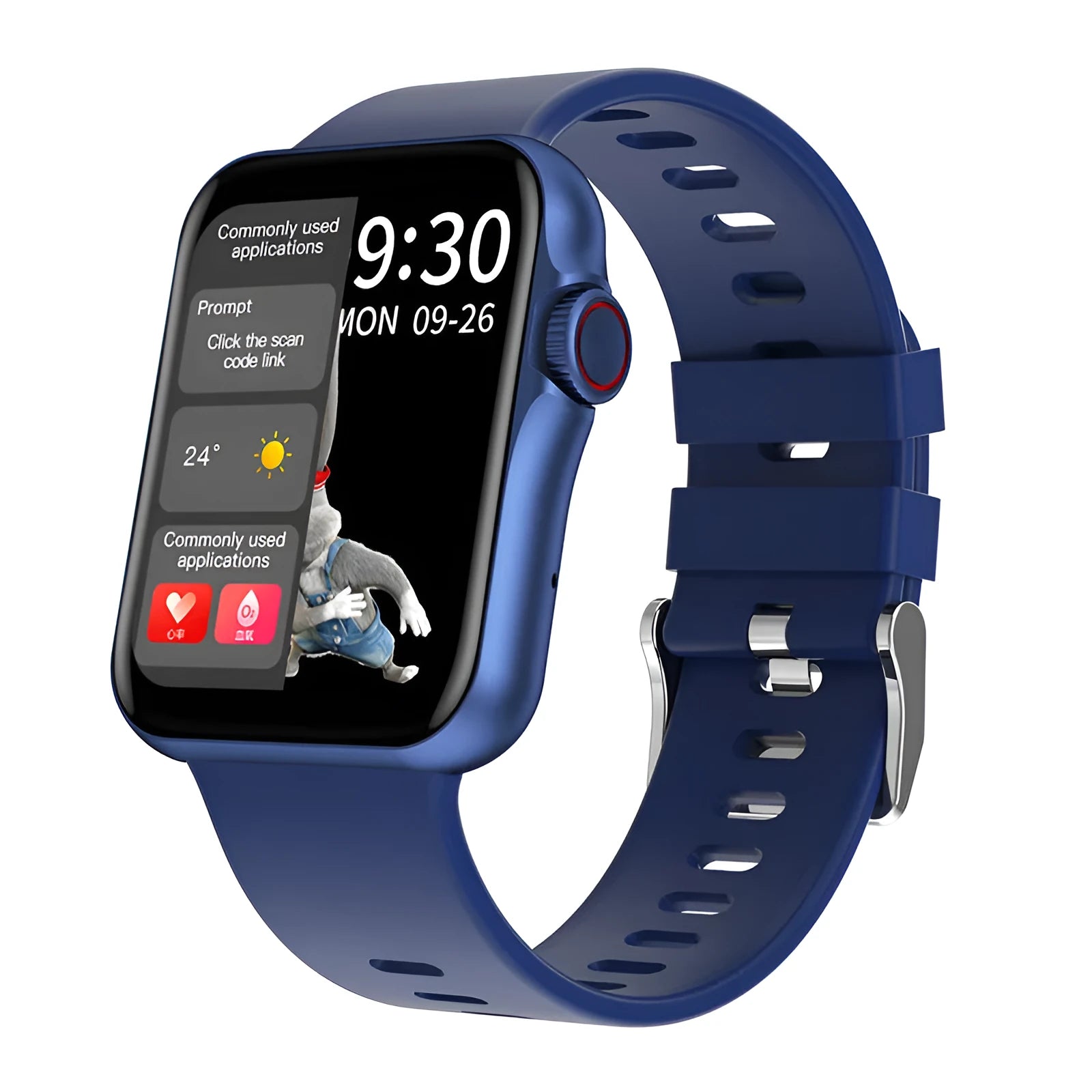 Black smart watch with 1.6-inch colour screen and liquid silicone strap on a wrist.