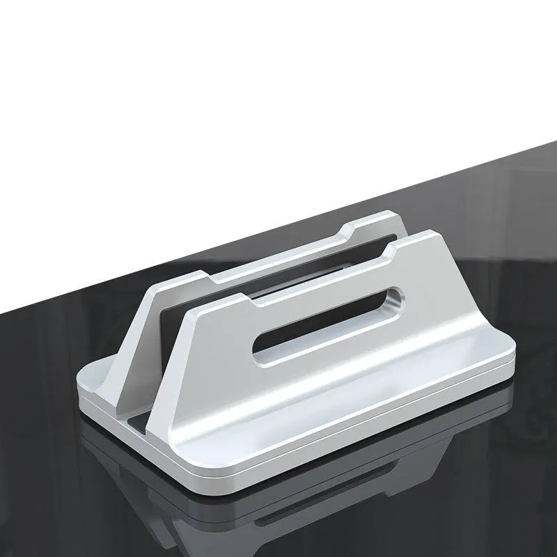 Silver aluminium alloy vertical notebook storage bracket on desk holding a laptop upright