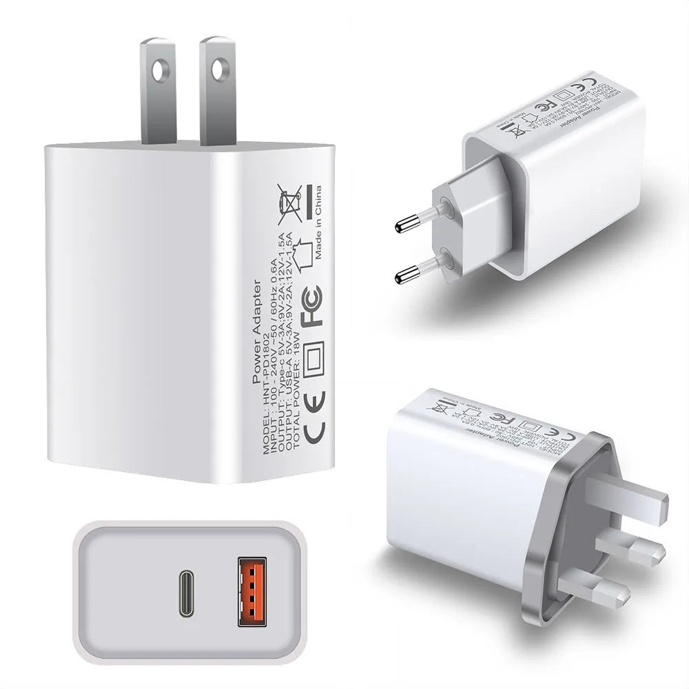 White 18W fast charger with dual USB ports and international plug options