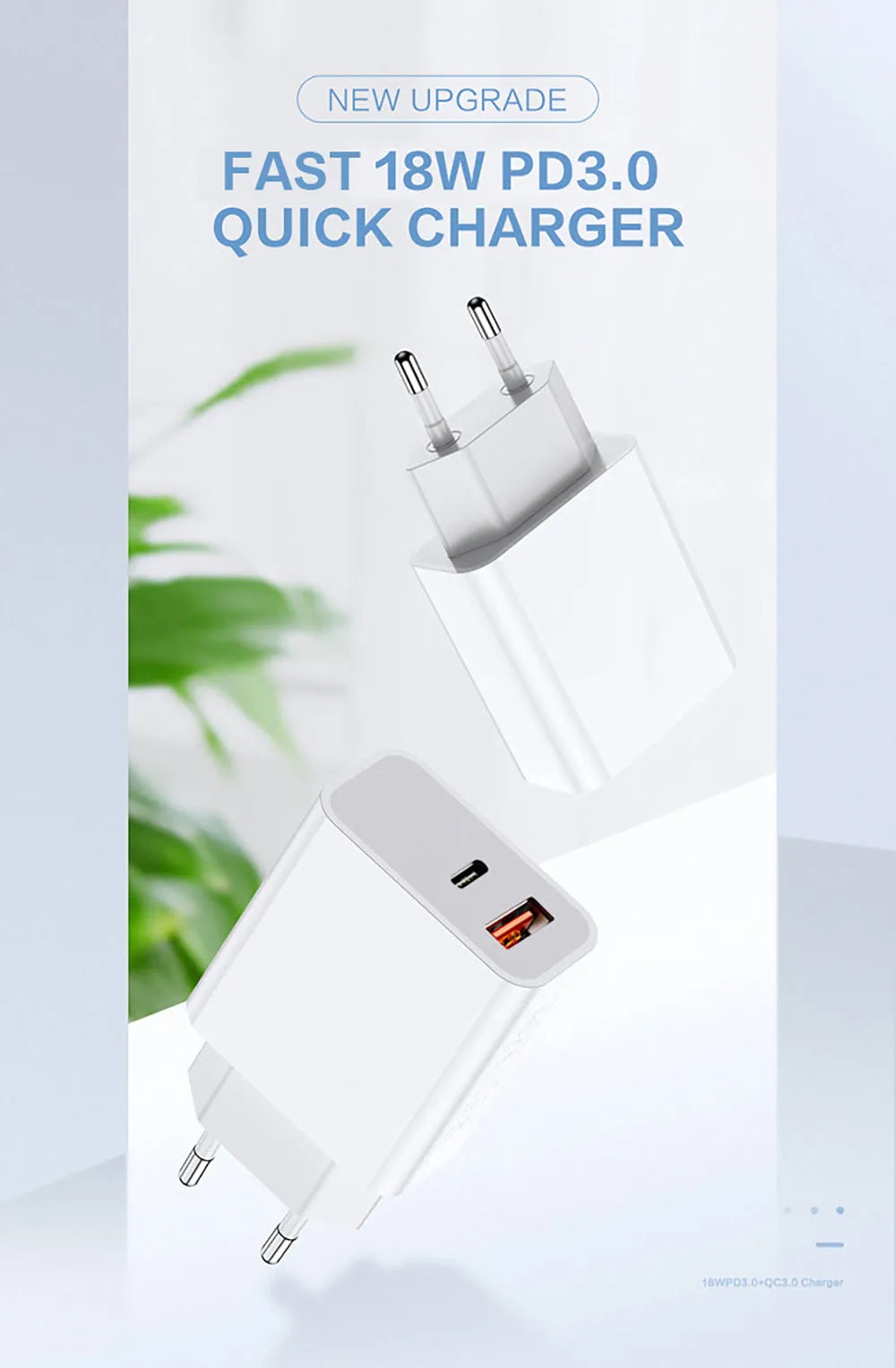 White 18W fast charger with dual USB ports and international plug options