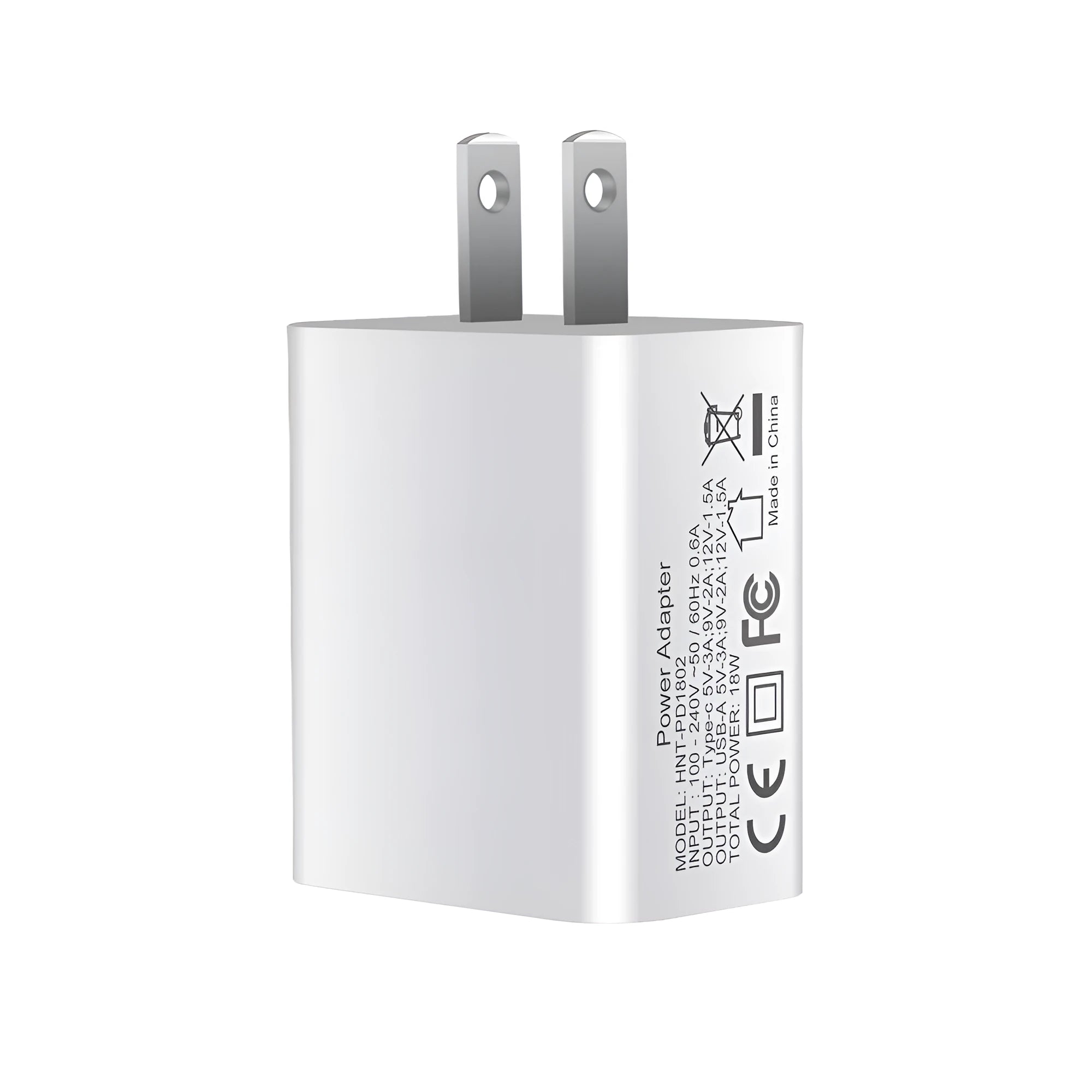 White 18W fast charger with dual USB ports and international plug options