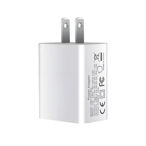 White 18W fast charger with dual USB ports and international plug options