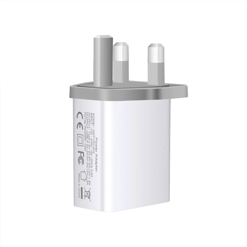 White 18W fast charger with dual USB ports and international plug options