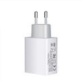 White 18W fast charger with dual USB ports and international plug options