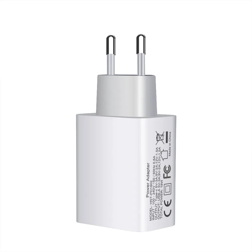White 18W fast charger with dual USB ports and international plug options