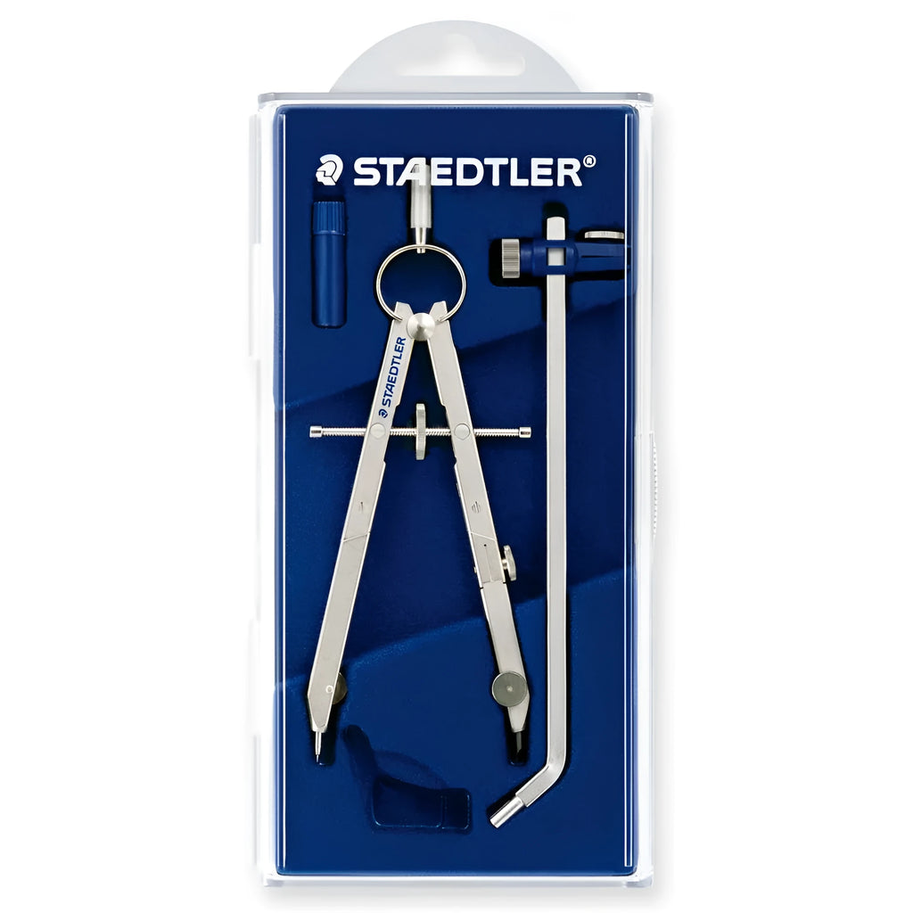 STAEDTLER steel car drafting compass with extended telescopic rod on technical drawing paper.